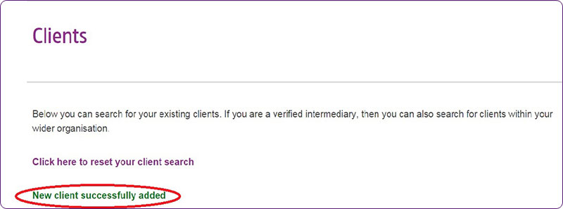 Screengrab of Clients page with message