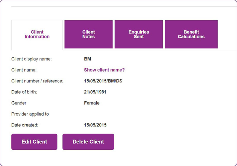 Screengrab of a Client information page