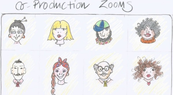 Hand-drawn illustration of a co-production zoom call