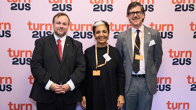 Terry Jermy MP, Arvinda Gohil (Turn2us Chair of Trustees) and Tom Lawson (Turn2us Chief Executive)