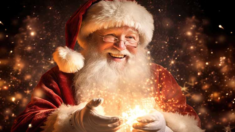 Santa Claus smiling and illuminated with twinkling warm light