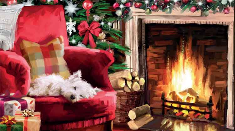 Westie snoozing on chair by fireplace