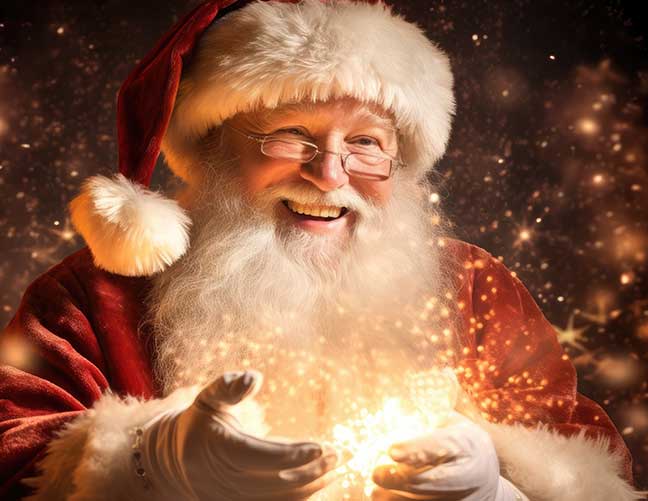 Santa Claus smiling and illuminated with twinkling warm light